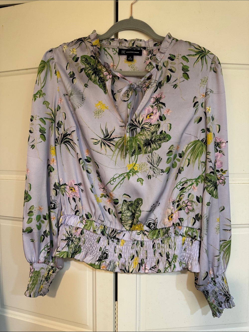 INC International Concepts Lavender Botanical Tie-Neck Blouse